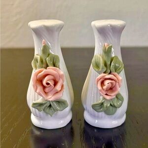 Vintage Salt & Pepper Shakers Ceramic Applied Rosebuds Vase Style
